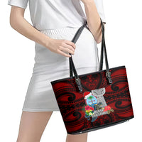 Guam Christmas Leather Tote Bag Santa Gift Latte Stone and Sea Turle Mix Hibiscus Chamorro Red Style LT03