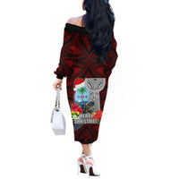 Guam Christmas Off The Shoulder Long Sleeve Dress Santa Gift Latte Stone and Sea Turle Mix Hibiscus Chamorro Red Style LT03