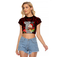 Guam Christmas Raglan Cropped T Shirt Santa Gift Latte Stone and Sea Turle Mix Hibiscus Chamorro Red Style LT03