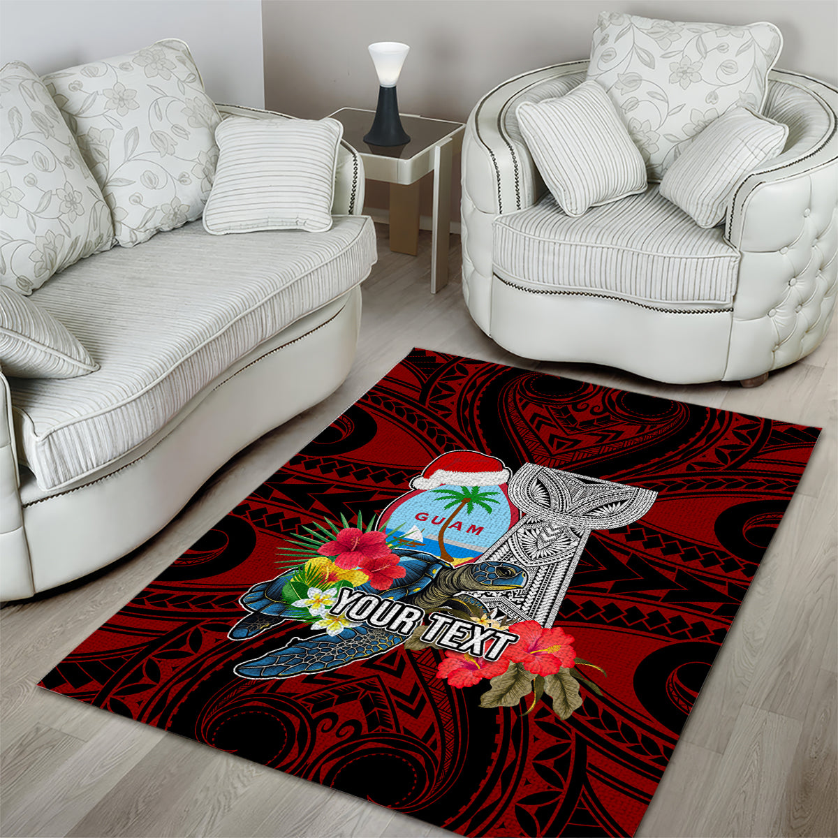 Custom Guam Christmas Area Rug Santa Gift Latte Stone and Sea Turle Mix Hibiscus Chamorro Red Style LT03