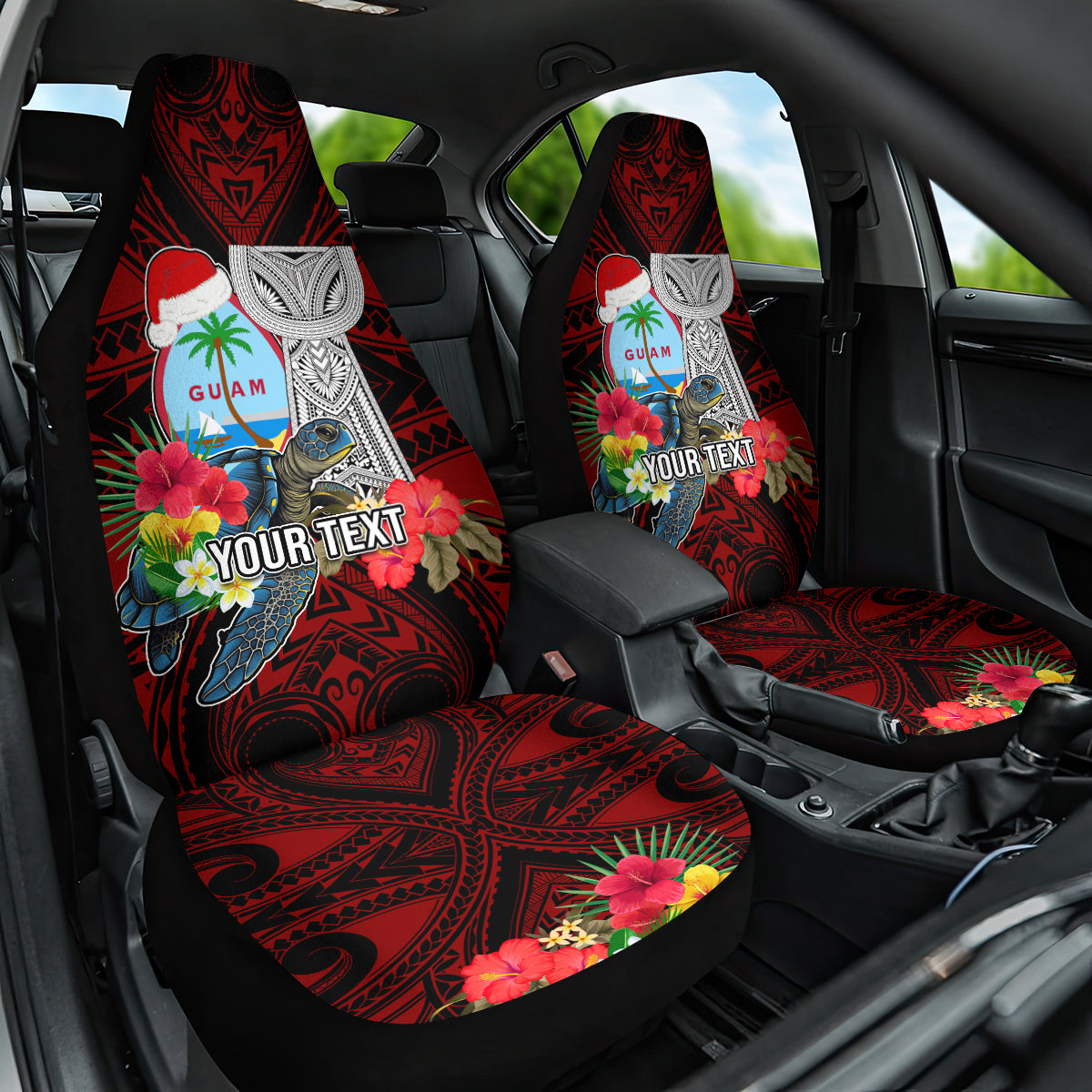 Custom Guam Christmas Car Seat Cover Santa Gift Latte Stone and Sea Turle Mix Hibiscus Chamorro Red Style LT03
