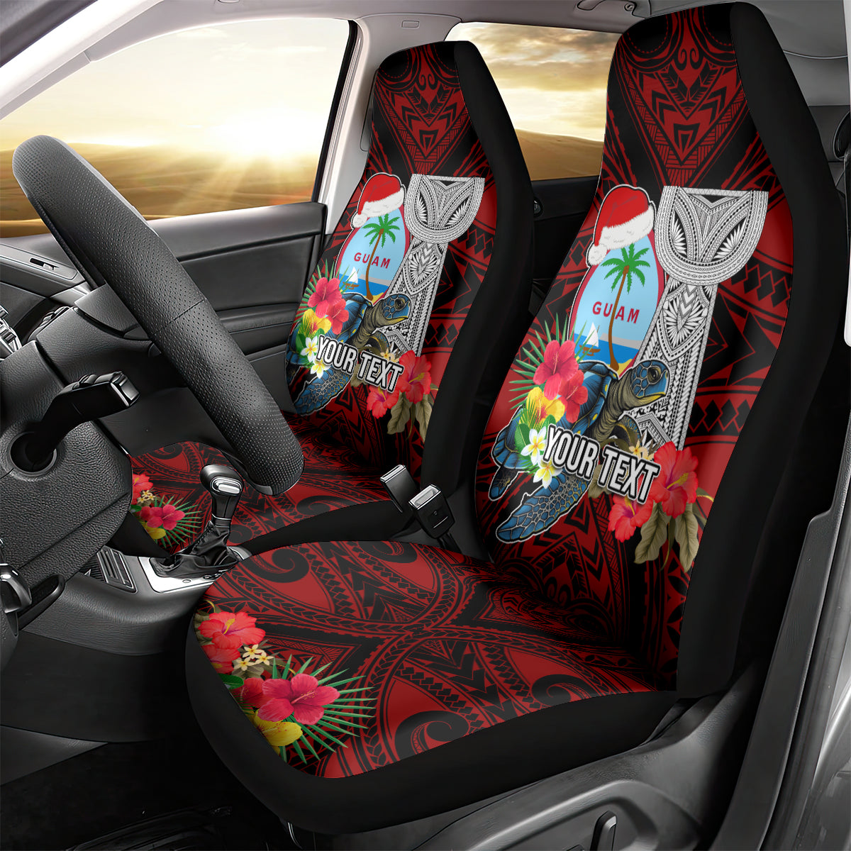 Custom Guam Christmas Car Seat Cover Santa Gift Latte Stone and Sea Turle Mix Hibiscus Chamorro Red Style LT03