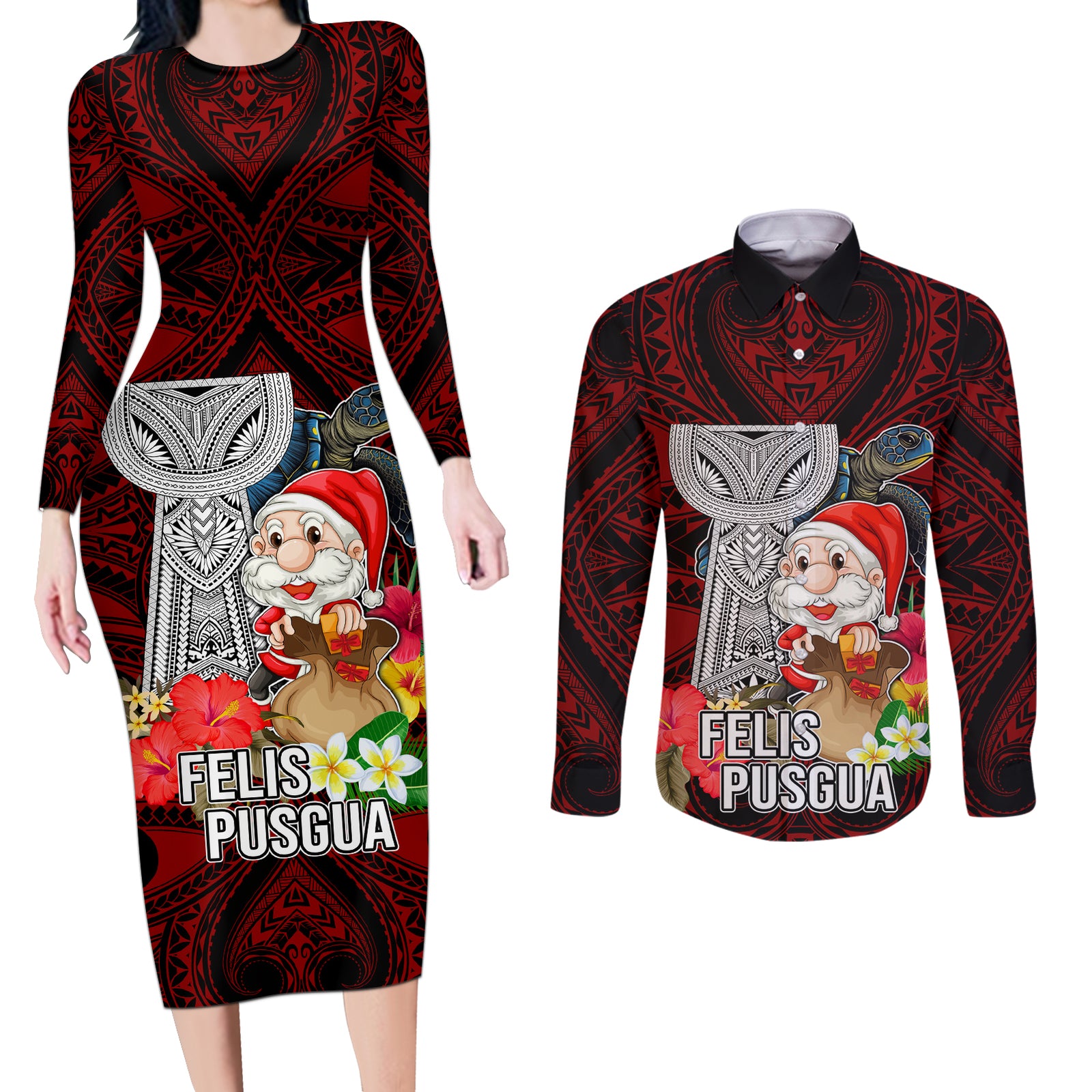 Custom Guam Christmas Couples Matching Long Sleeve Bodycon Dress and Long Sleeve Button Shirt Santa Gift Latte Stone and Sea Turle Mix Hibiscus Chamorro Red Style LT03