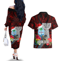 Custom Guam Christmas Couples Matching Off The Shoulder Long Sleeve Dress and Hawaiian Shirt Santa Gift Latte Stone and Sea Turle Mix Hibiscus Chamorro Red Style LT03