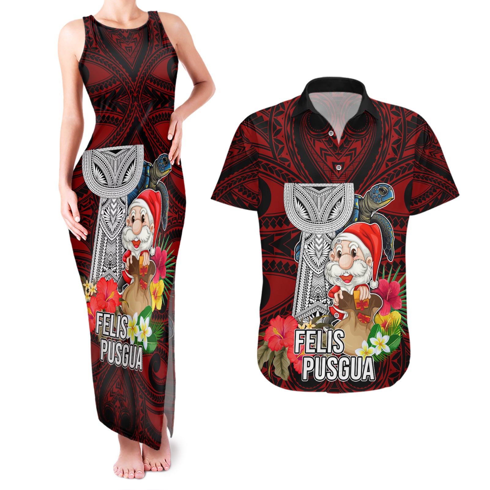Custom Guam Christmas Couples Matching Tank Maxi Dress and Hawaiian Shirt Santa Gift Latte Stone and Sea Turle Mix Hibiscus Chamorro Red Style LT03