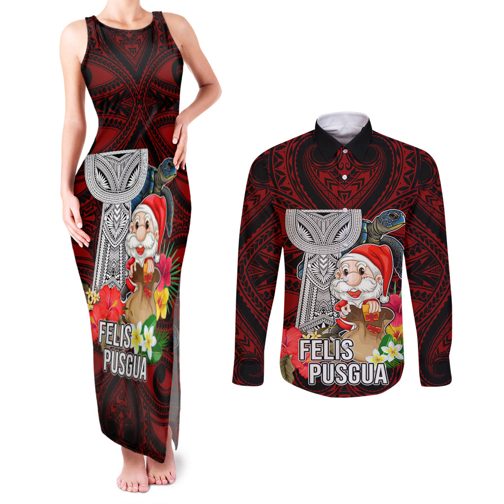 Custom Guam Christmas Couples Matching Tank Maxi Dress and Long Sleeve Button Shirt Santa Gift Latte Stone and Sea Turle Mix Hibiscus Chamorro Red Style LT03