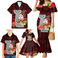 Custom Guam Christmas Family Matching Mermaid Dress and Hawaiian Shirt Santa Gift Latte Stone and Sea Turle Mix Hibiscus Chamorro Red Style LT03