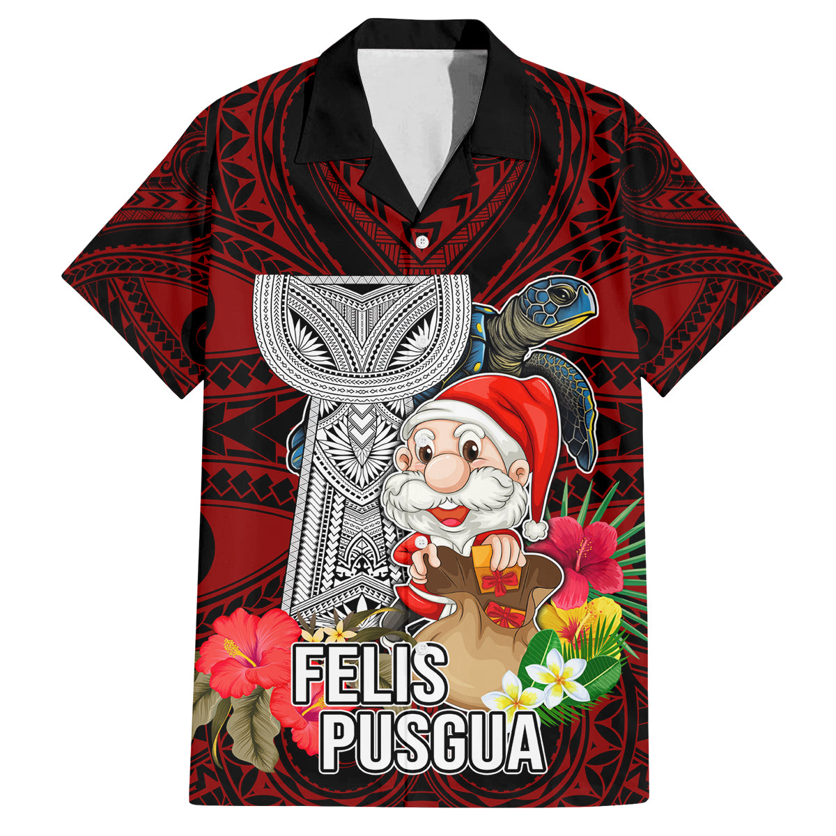 Custom Guam Christmas Family Matching Off Shoulder Short Dress and Hawaiian Shirt Santa Gift Latte Stone and Sea Turle Mix Hibiscus Chamorro Red Style LT03