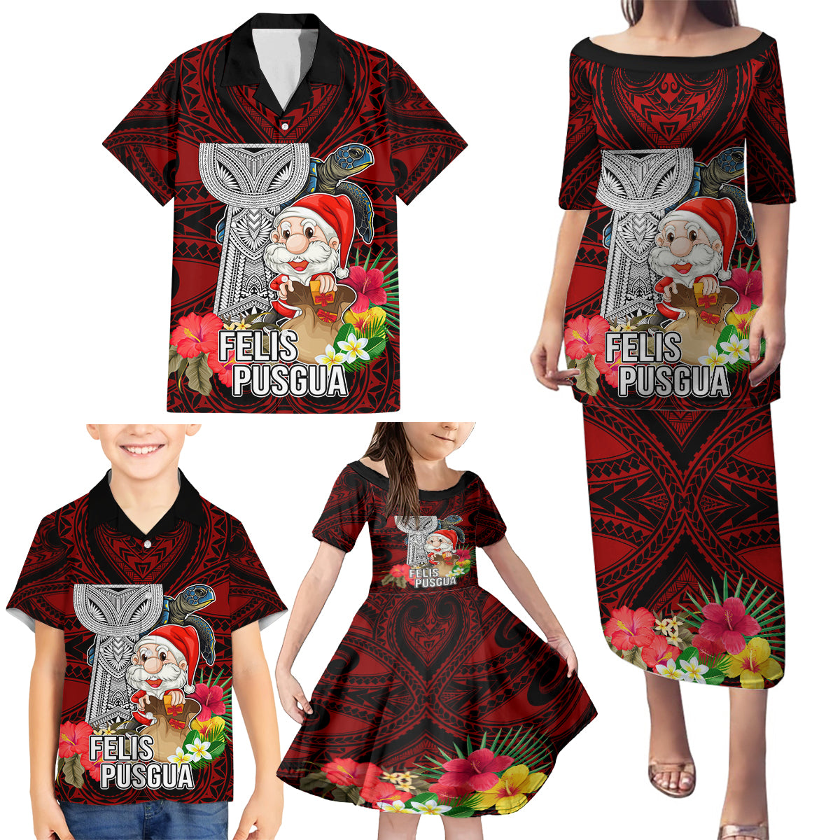 Custom Guam Christmas Family Matching Puletasi Dress and Hawaiian Shirt Santa Gift Latte Stone and Sea Turle Mix Hibiscus Chamorro Red Style LT03