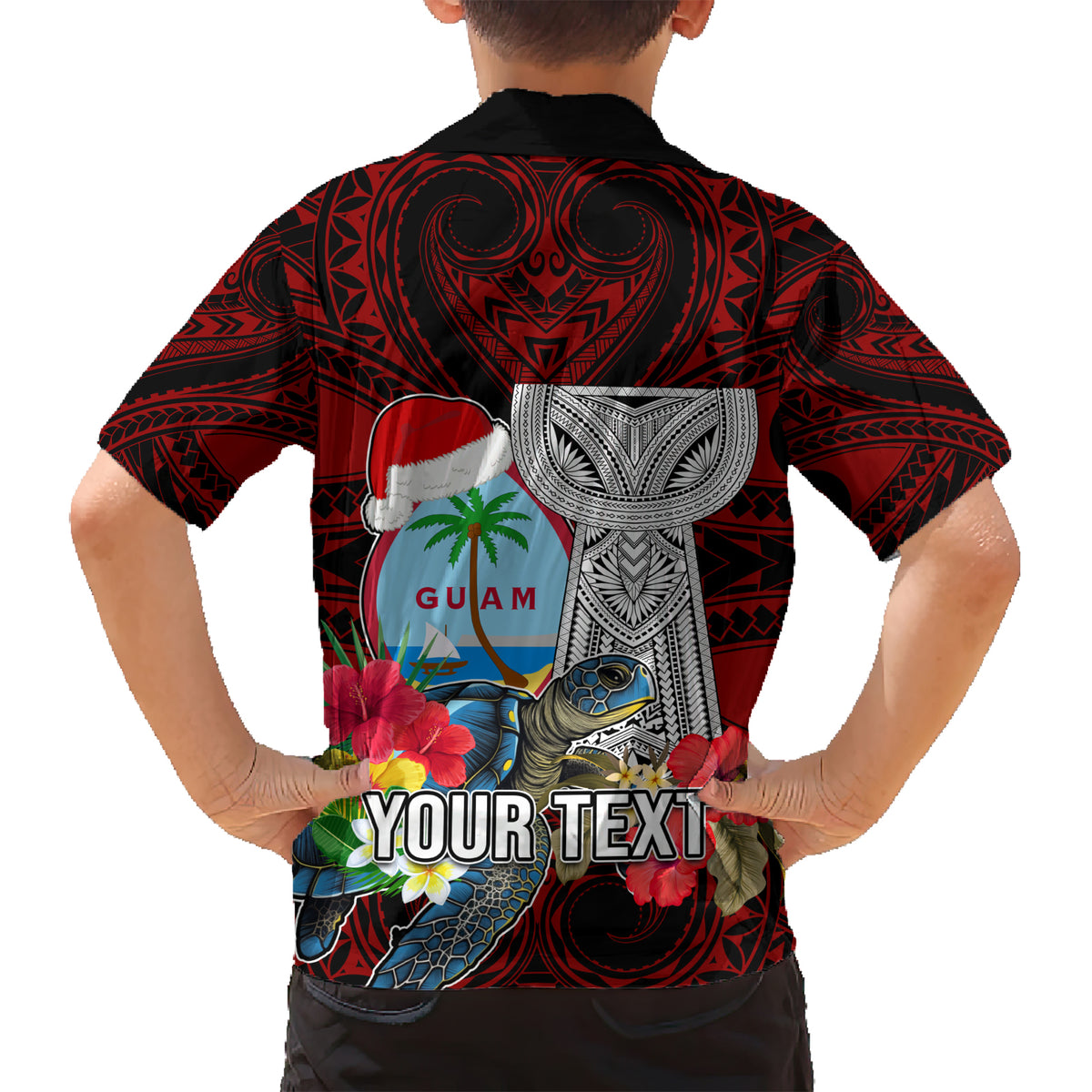 Custom Guam Christmas Family Matching Short Sleeve Bodycon Dress and Hawaiian Shirt Santa Gift Latte Stone and Sea Turle Mix Hibiscus Chamorro Red Style LT03