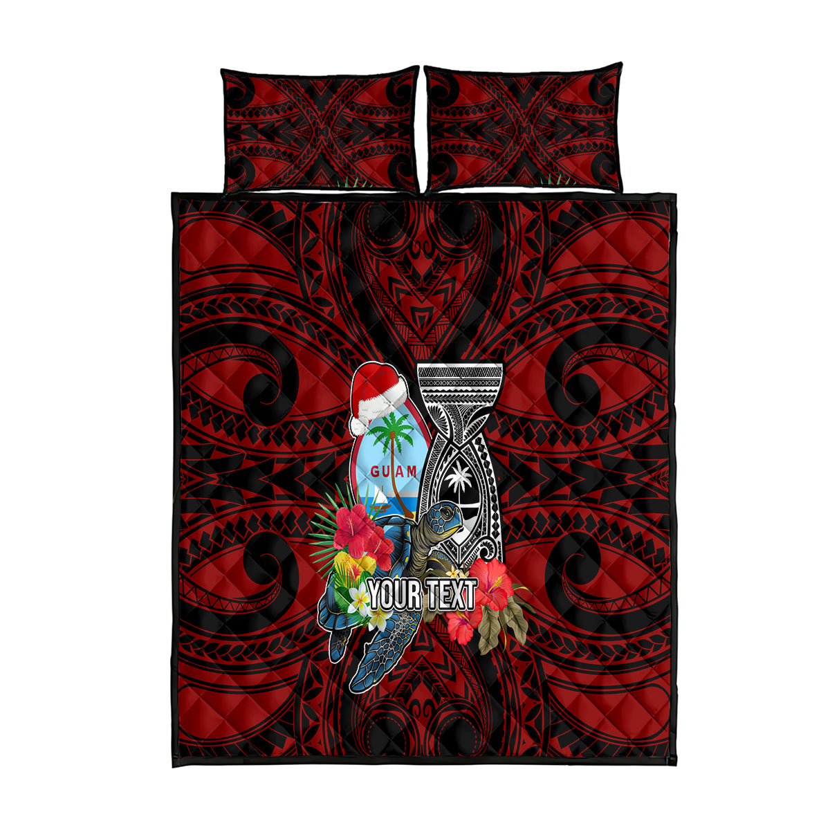 Custom Guam Christmas Quilt Bed Set Santa Gift Latte Stone and Sea Turle Mix Hibiscus Chamorro Red Style LT03
