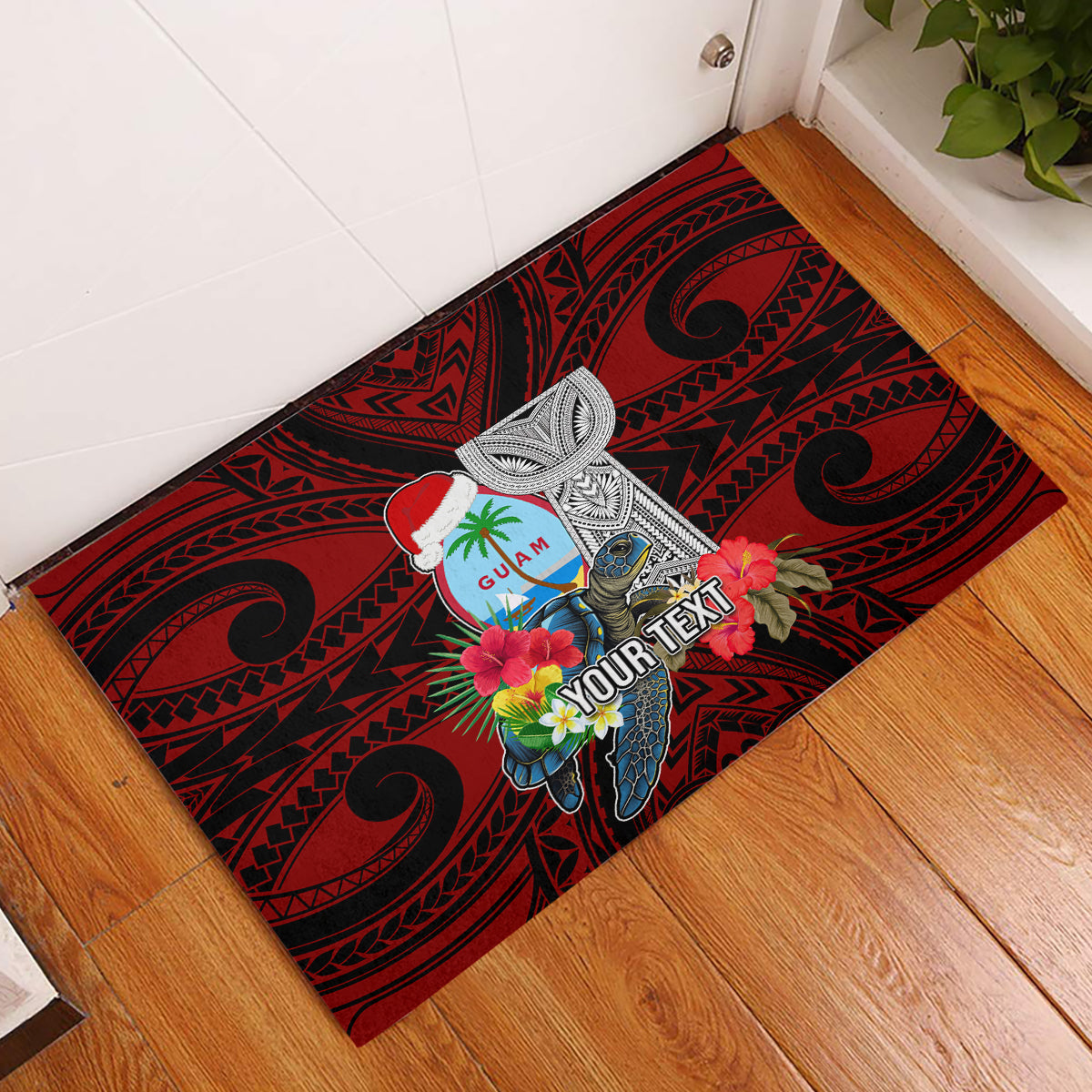 Custom Guam Christmas Rubber Doormat Santa Gift Latte Stone and Sea Turle Mix Hibiscus Chamorro Red Style LT03