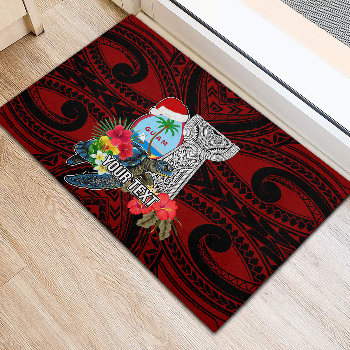 Custom Guam Christmas Rubber Doormat Santa Gift Latte Stone and Sea Turle Mix Hibiscus Chamorro Red Style LT03
