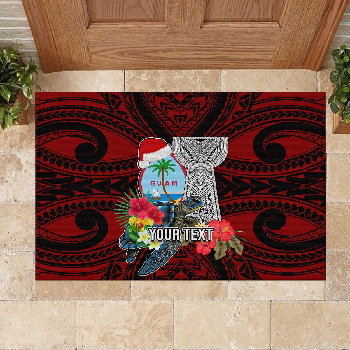 Custom Guam Christmas Rubber Doormat Santa Gift Latte Stone and Sea Turle Mix Hibiscus Chamorro Red Style LT03