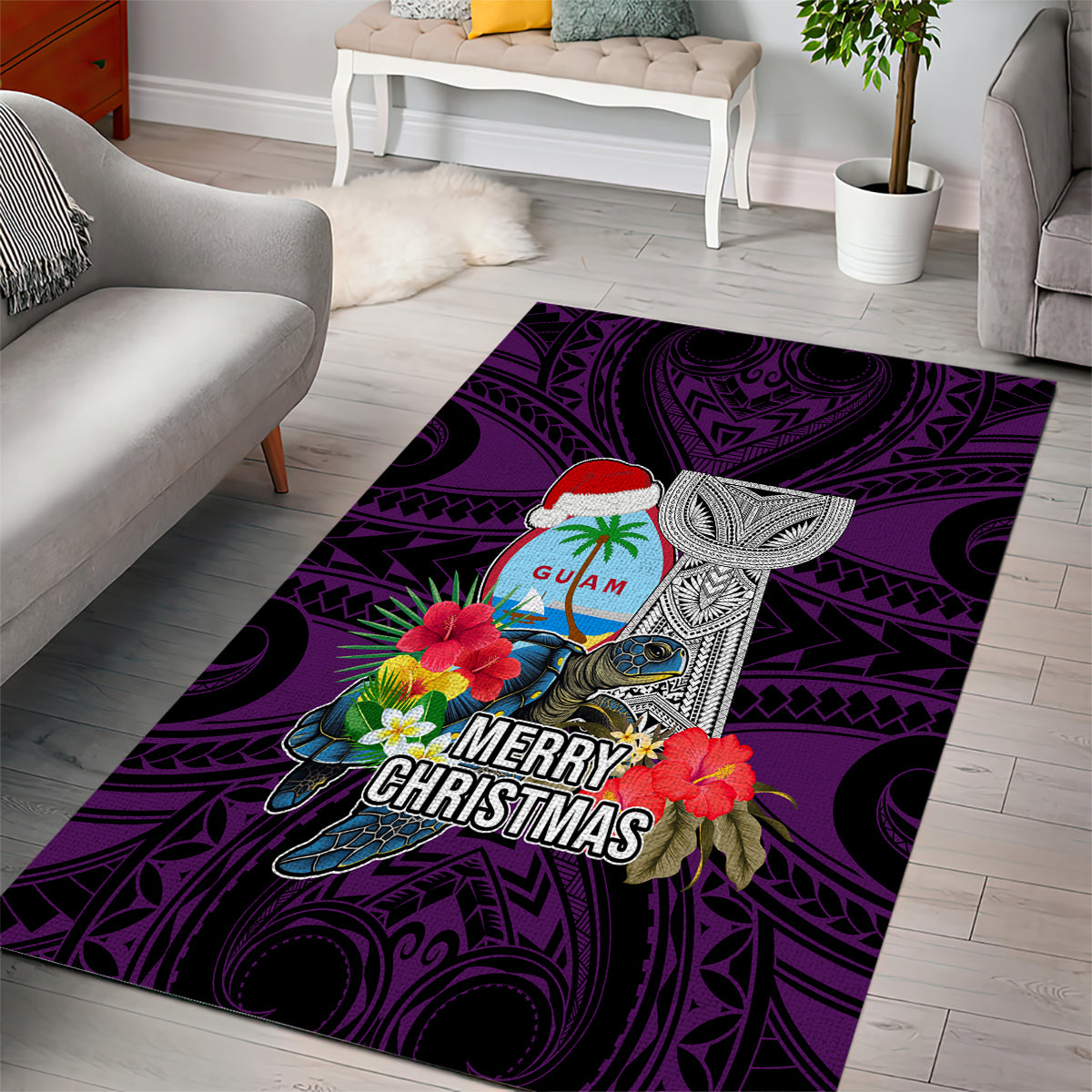 Guam Christmas Area Rug Santa Gift Latte Stone and Sea Turle Mix Hibiscus Chamorro Pink Style LT03