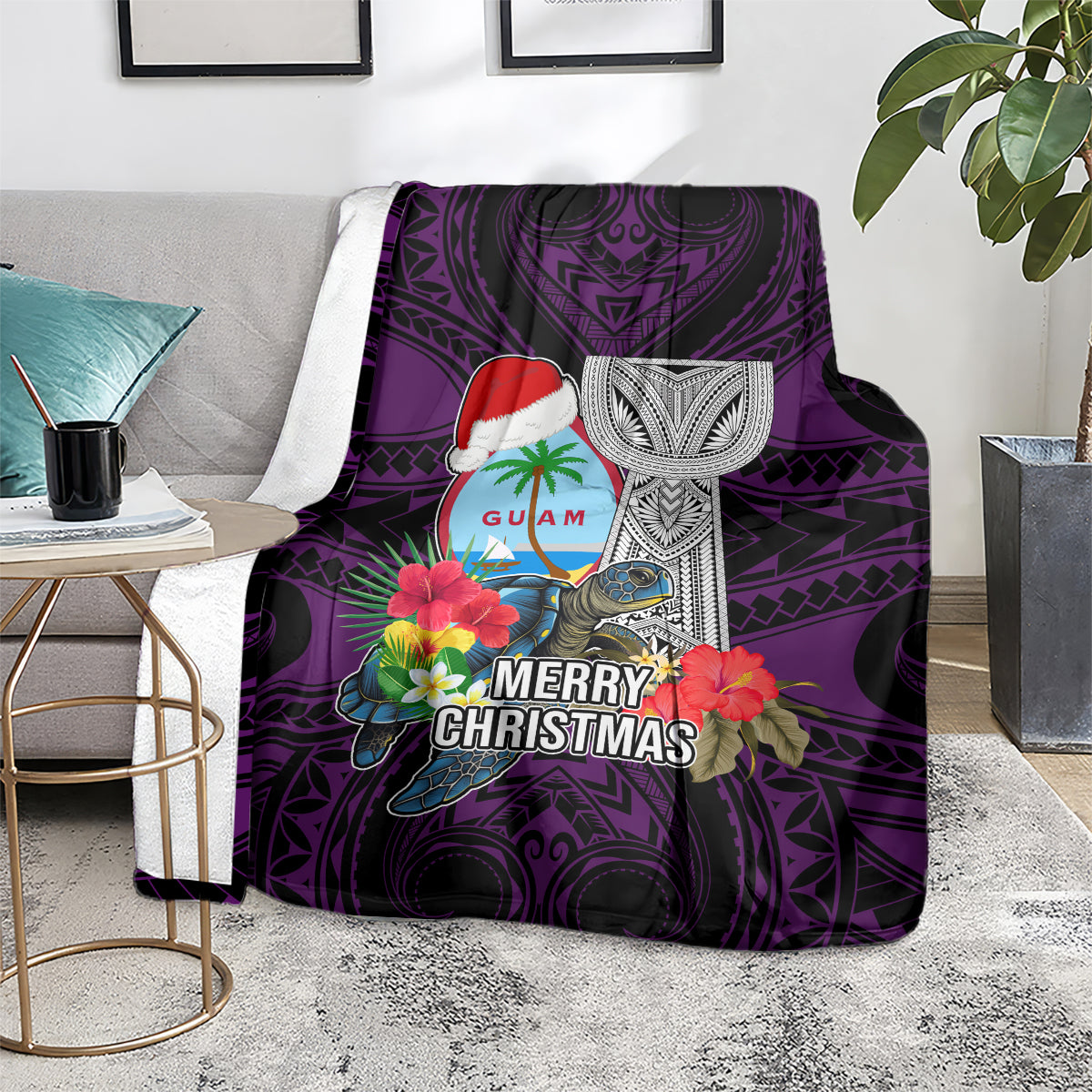 Guam Christmas Blanket Santa Gift Latte Stone and Sea Turle Mix Hibiscus Chamorro Pink Style LT03