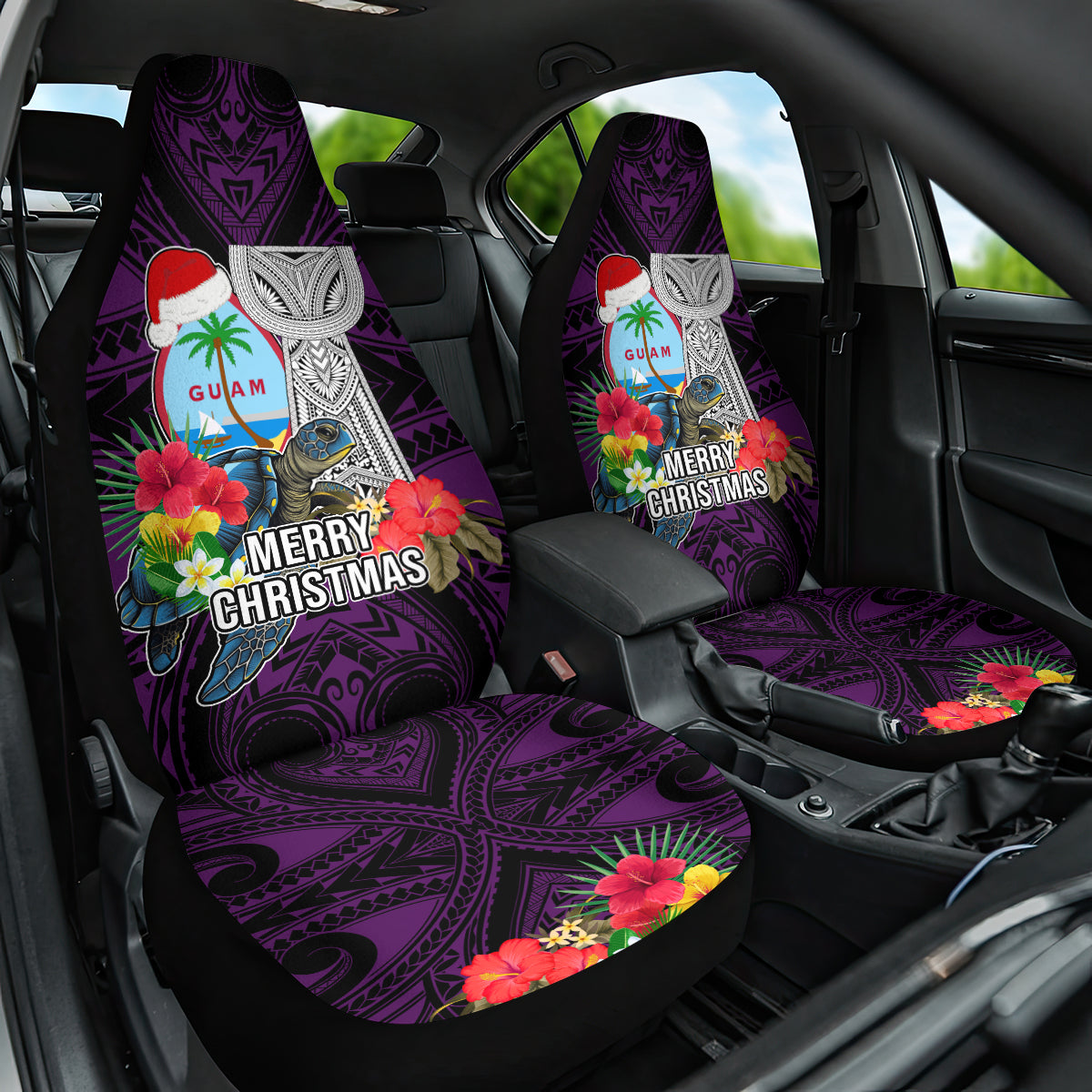 Guam Christmas Car Seat Cover Santa Gift Latte Stone and Sea Turle Mix Hibiscus Chamorro Pink Style LT03