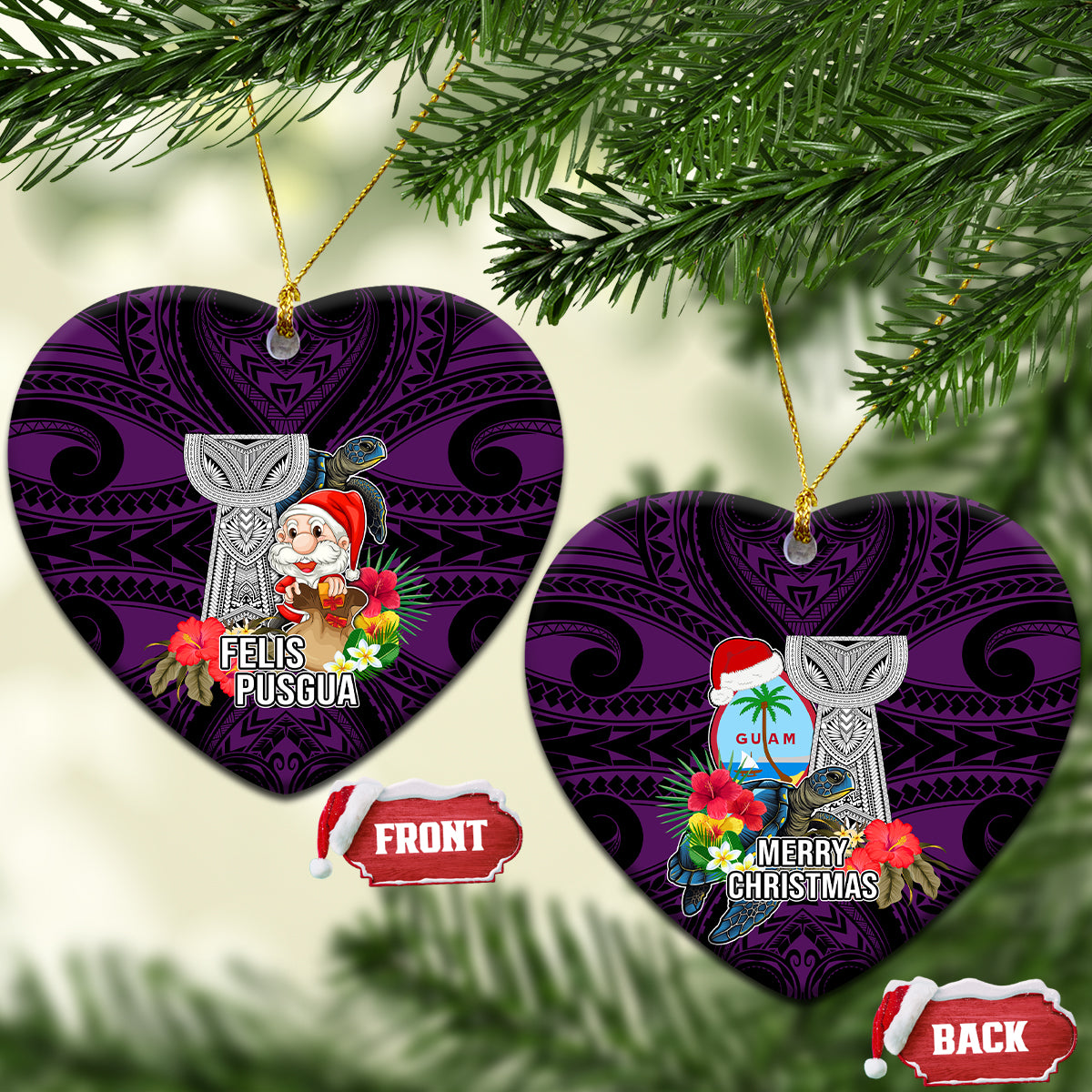 Guam Christmas Ceramic Ornament Santa Gift Latte Stone and Sea Turle Mix Hibiscus Chamorro Pink Style LT03