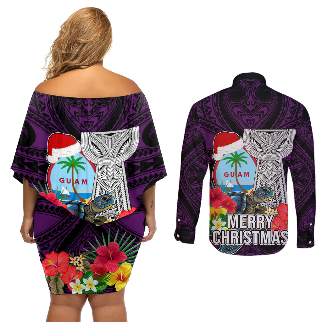 Guam Christmas Couples Matching Off Shoulder Short Dress and Long Sleeve Button Shirt Santa Gift Latte Stone and Sea Turle Mix Hibiscus Chamorro Pink Style LT03