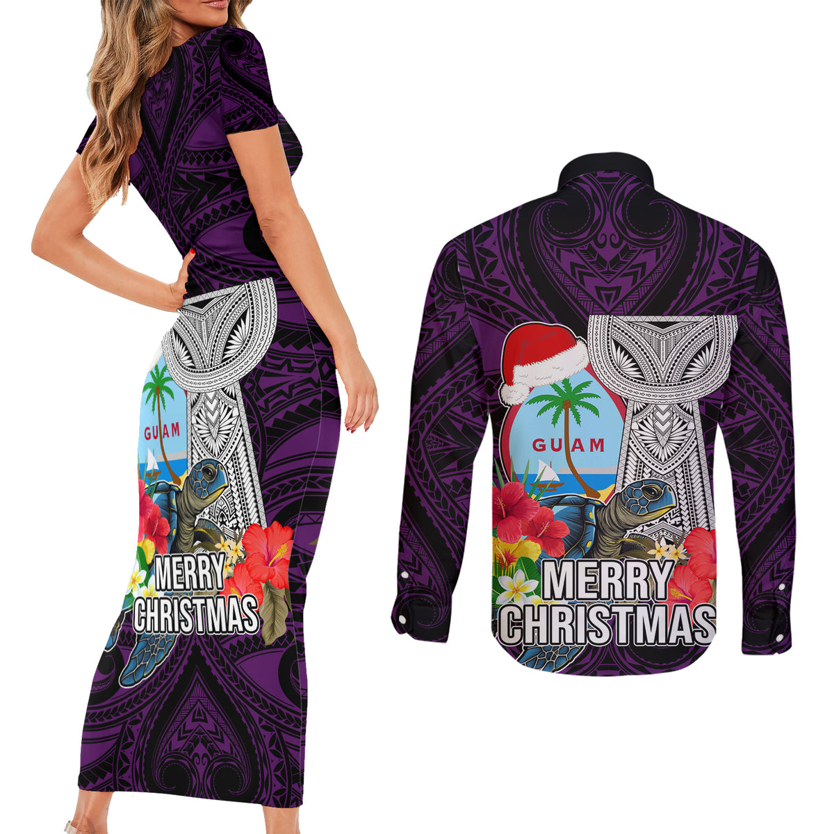 Guam Christmas Couples Matching Short Sleeve Bodycon Dress and Long Sleeve Button Shirt Santa Gift Latte Stone and Sea Turle Mix Hibiscus Chamorro Pink Style LT03