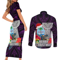 Guam Christmas Couples Matching Short Sleeve Bodycon Dress and Long Sleeve Button Shirt Santa Gift Latte Stone and Sea Turle Mix Hibiscus Chamorro Pink Style LT03
