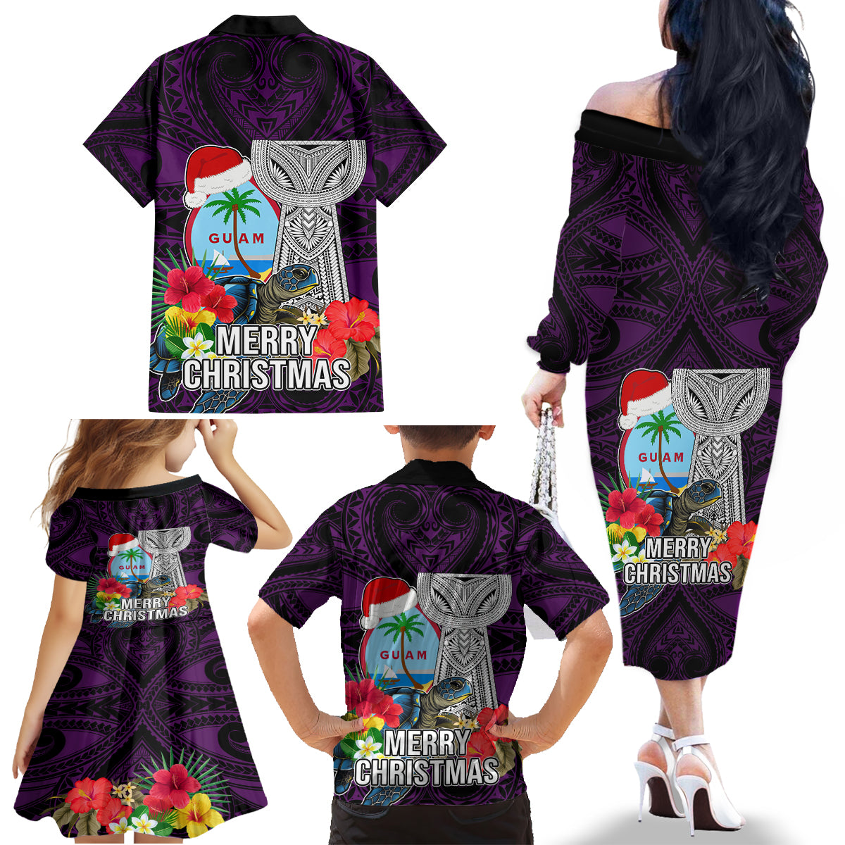 Guam Christmas Family Matching Off Shoulder Long Sleeve Dress and Hawaiian Shirt Santa Gift Latte Stone and Sea Turle Mix Hibiscus Chamorro Pink Style LT03