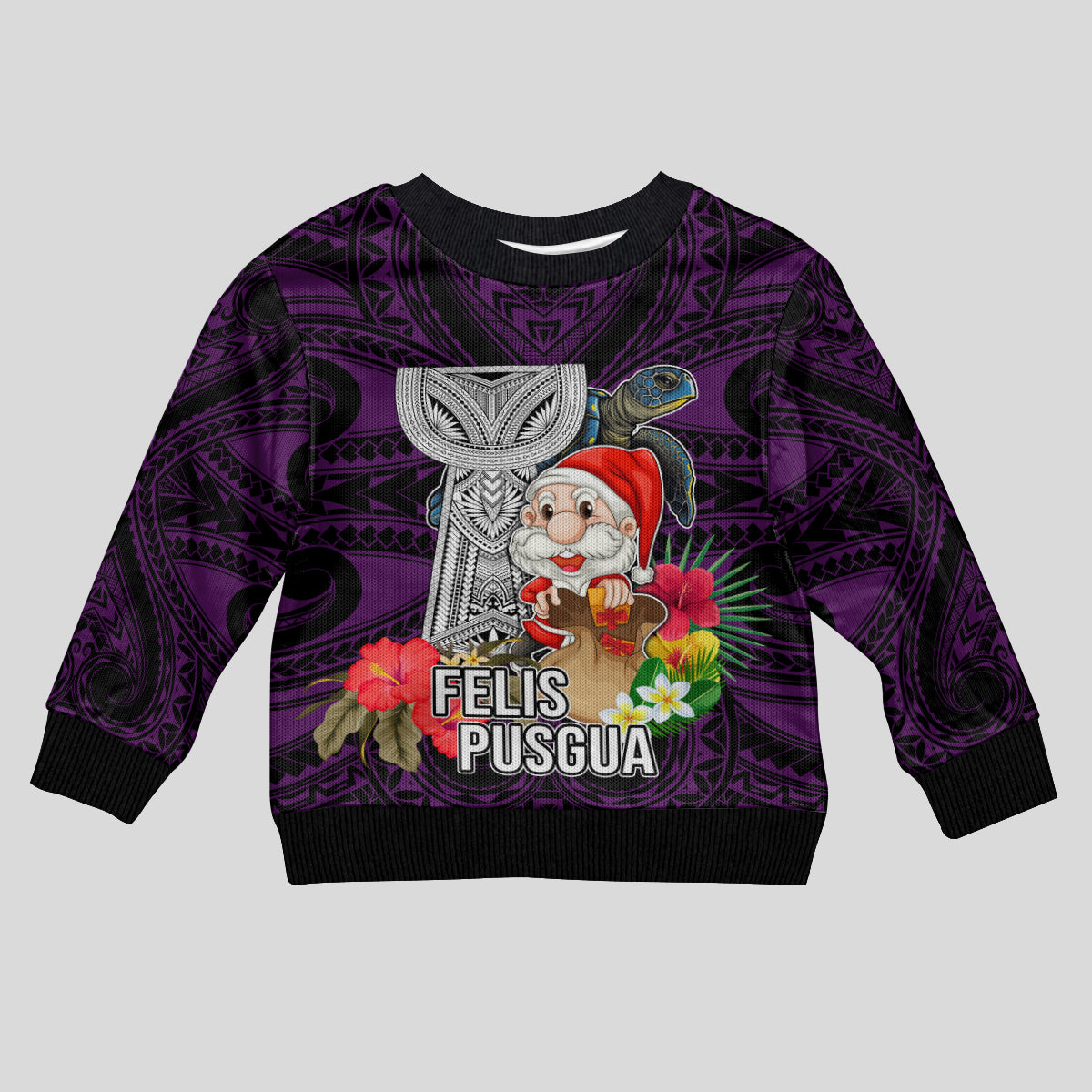 Guam Christmas Kid Ugly Christmas Sweater Santa Gift Latte Stone and Sea Turle Mix Hibiscus Chamorro Pink Style LT03
