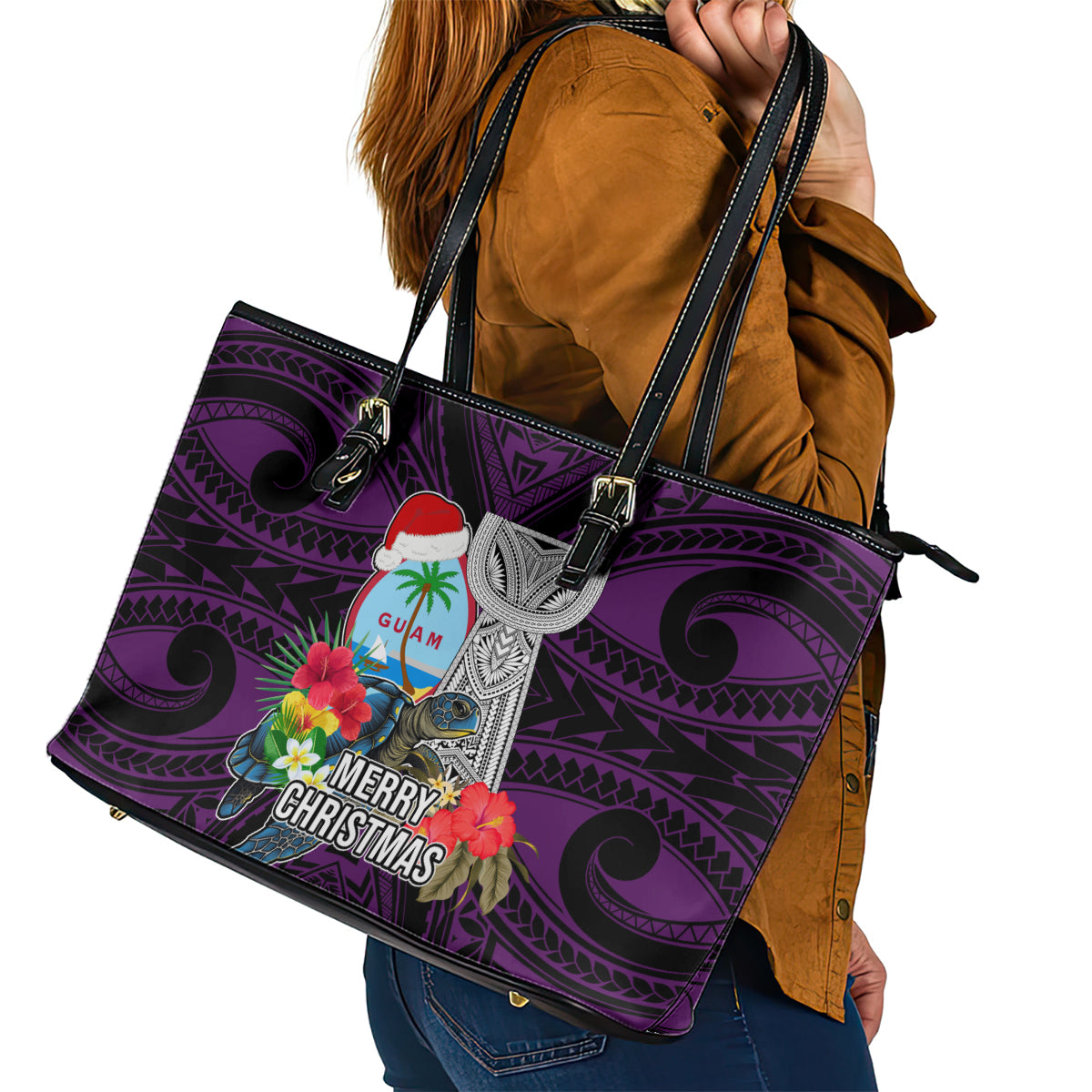 Guam Christmas Leather Tote Bag Santa Gift Latte Stone and Sea Turle Mix Hibiscus Chamorro Pink Style LT03