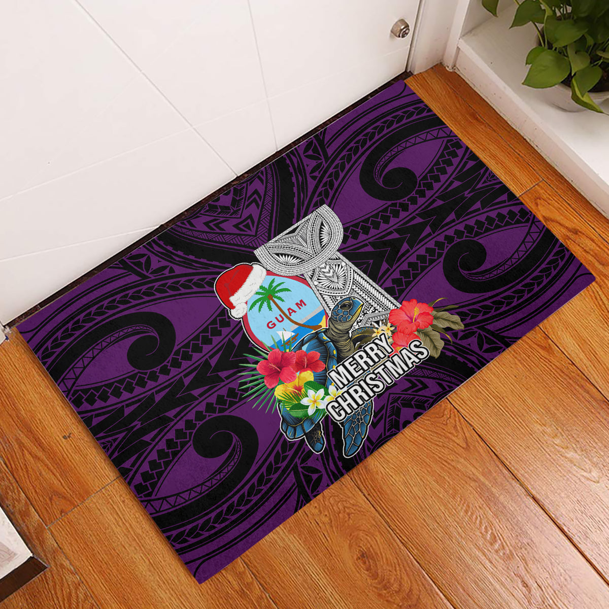 Guam Christmas Rubber Doormat Santa Gift Latte Stone and Sea Turle Mix Hibiscus Chamorro Pink Style LT03