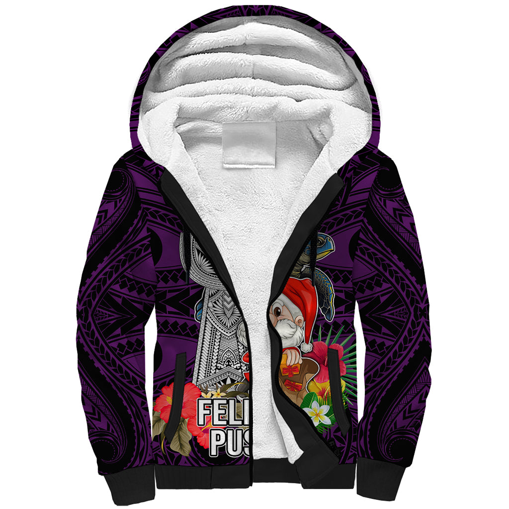 Guam Christmas Sherpa Hoodie Santa Gift Latte Stone and Sea Turle Mix Hibiscus Chamorro Pink Style LT03