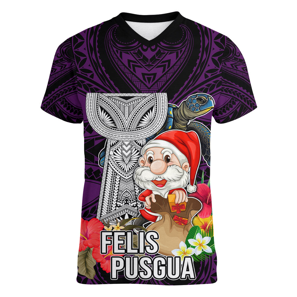 Guam Christmas Women V Neck T Shirt Santa Gift Latte Stone and Sea Turle Mix Hibiscus Chamorro Pink Style LT03