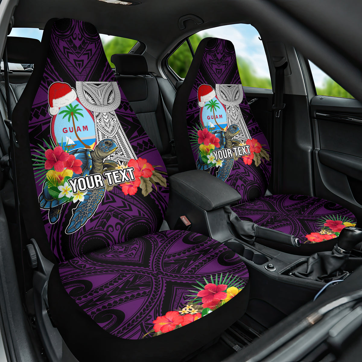 Custom Guam Christmas Car Seat Cover Santa Gift Latte Stone and Sea Turle Mix Hibiscus Chamorro Pink Style LT03