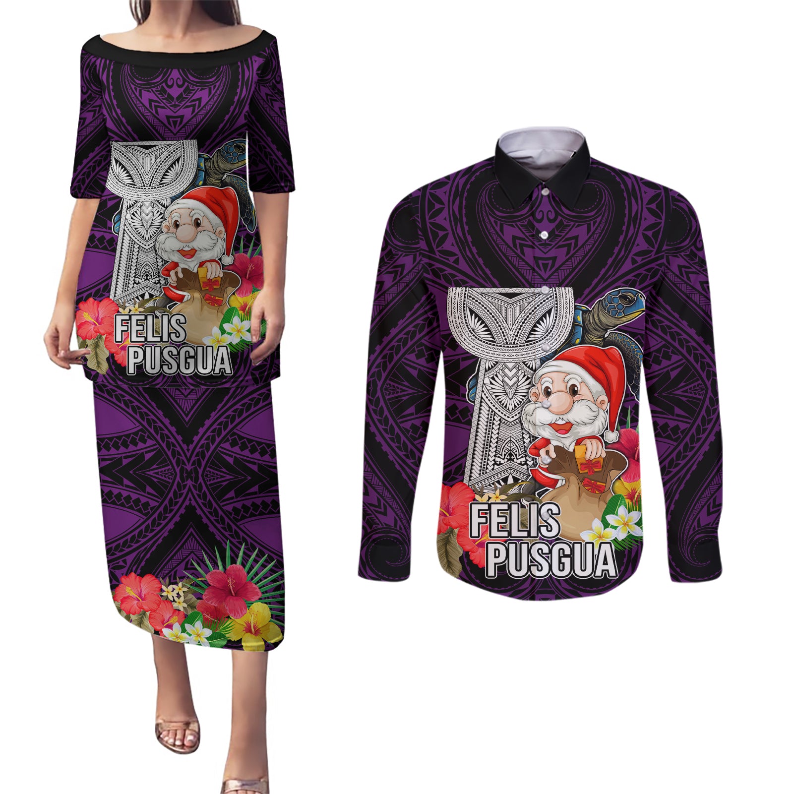 Custom Guam Christmas Couples Matching Puletasi Dress and Long Sleeve Button Shirt Santa Gift Latte Stone and Sea Turle Mix Hibiscus Chamorro Pink Style LT03