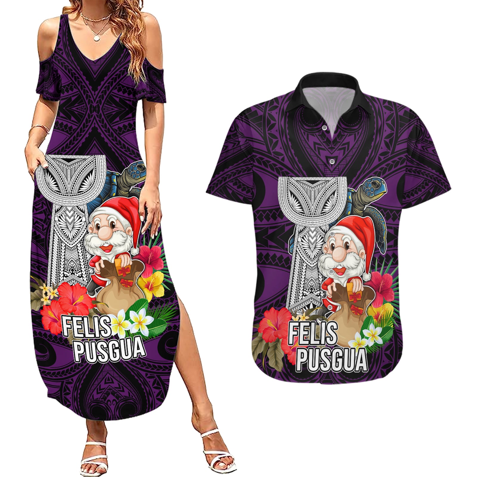 Custom Guam Christmas Couples Matching Summer Maxi Dress and Hawaiian Shirt Santa Gift Latte Stone and Sea Turle Mix Hibiscus Chamorro Pink Style LT03