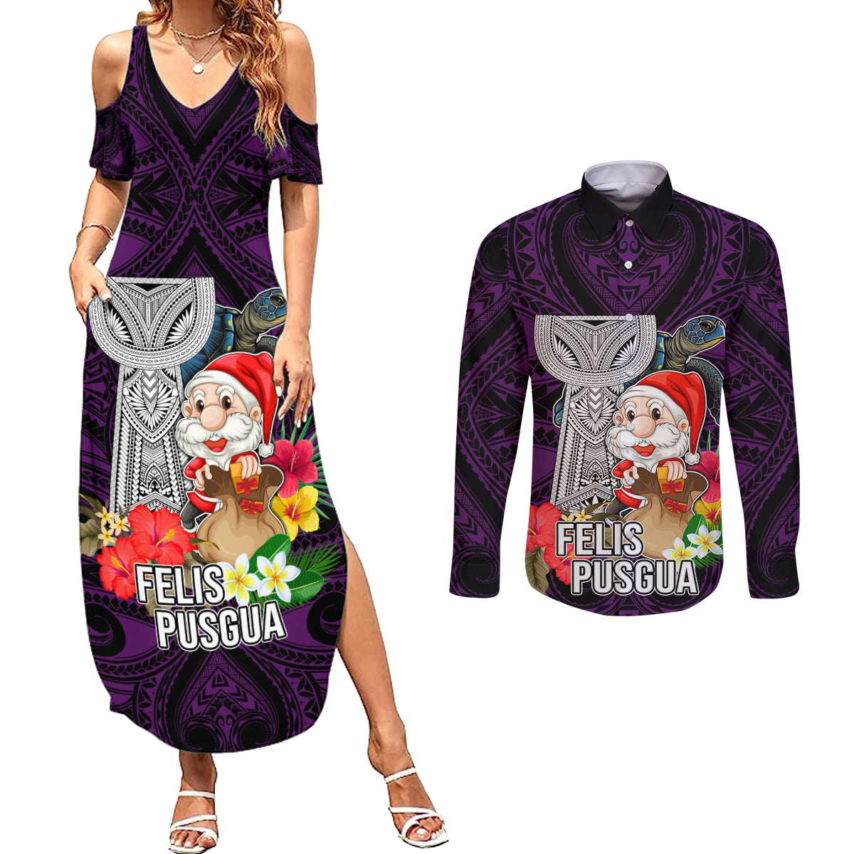 Custom Guam Christmas Couples Matching Summer Maxi Dress and Long Sleeve Button Shirt Santa Gift Latte Stone and Sea Turle Mix Hibiscus Chamorro Pink Style LT03