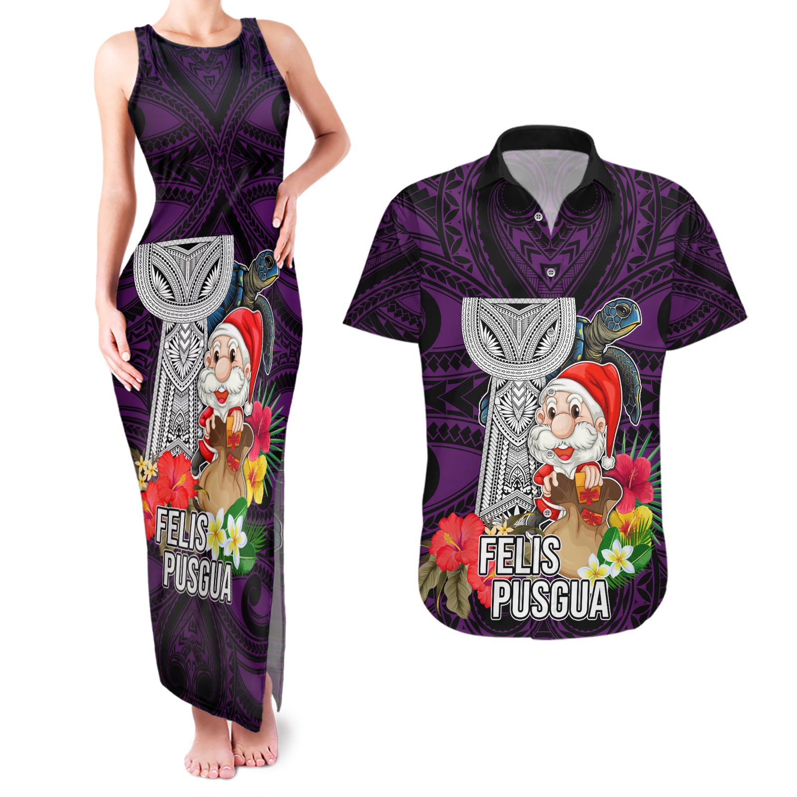 Custom Guam Christmas Couples Matching Tank Maxi Dress and Hawaiian Shirt Santa Gift Latte Stone and Sea Turle Mix Hibiscus Chamorro Pink Style LT03