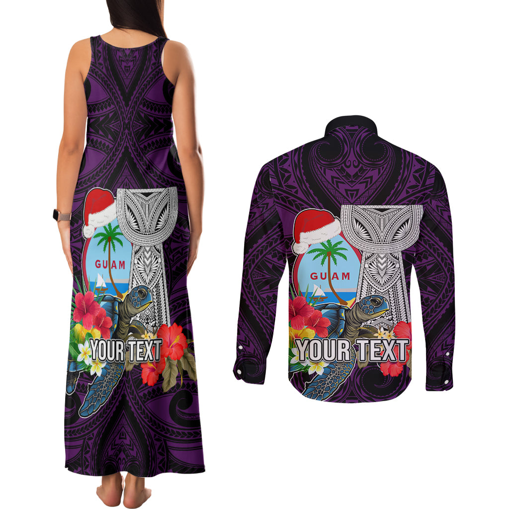 Custom Guam Christmas Couples Matching Tank Maxi Dress and Long Sleeve Button Shirt Santa Gift Latte Stone and Sea Turle Mix Hibiscus Chamorro Pink Style LT03