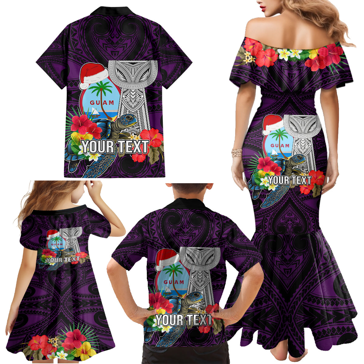 Custom Guam Christmas Family Matching Mermaid Dress and Hawaiian Shirt Santa Gift Latte Stone and Sea Turle Mix Hibiscus Chamorro Pink Style LT03