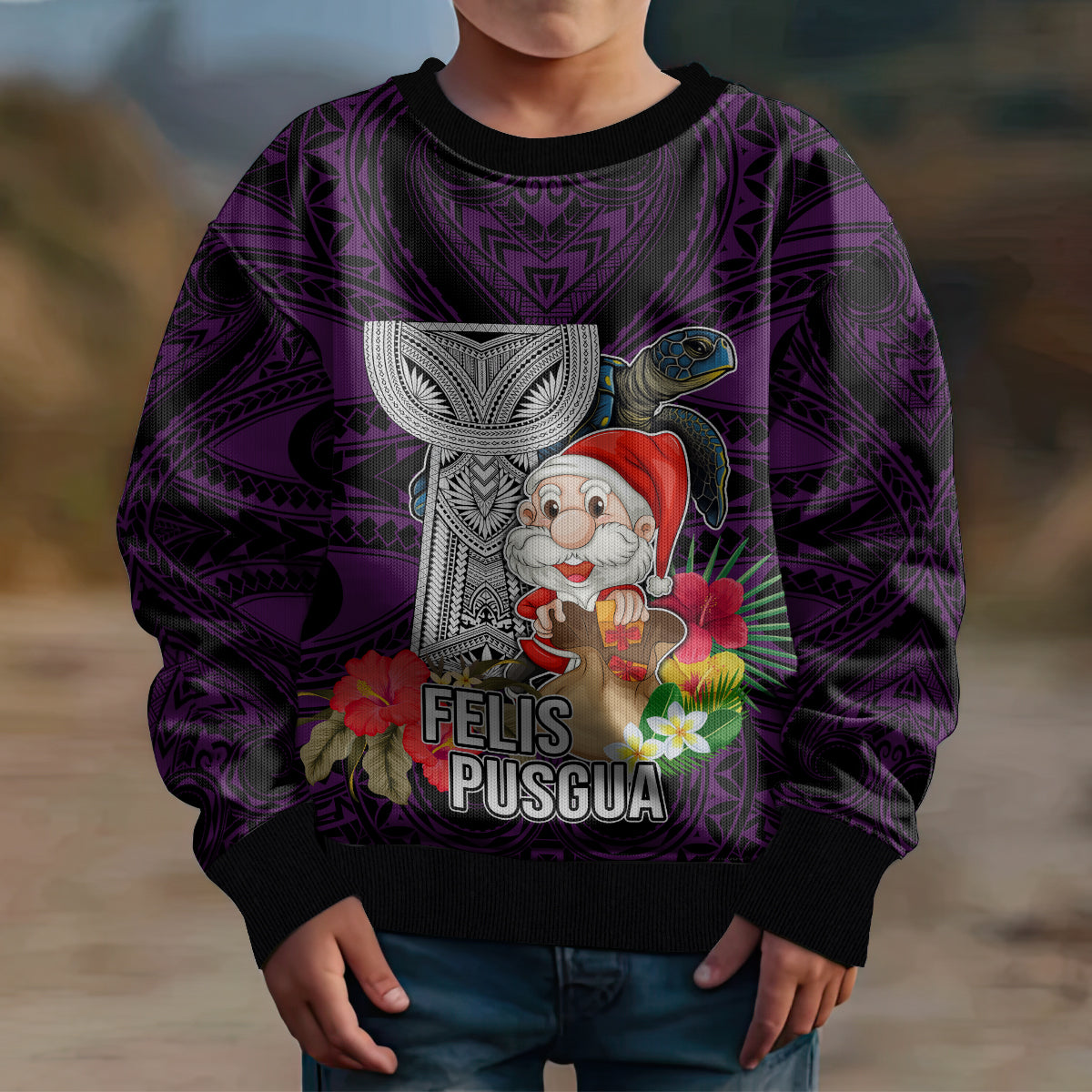Custom Guam Christmas Kid Ugly Christmas Sweater Santa Gift Latte Stone and Sea Turle Mix Hibiscus Chamorro Pink Style LT03