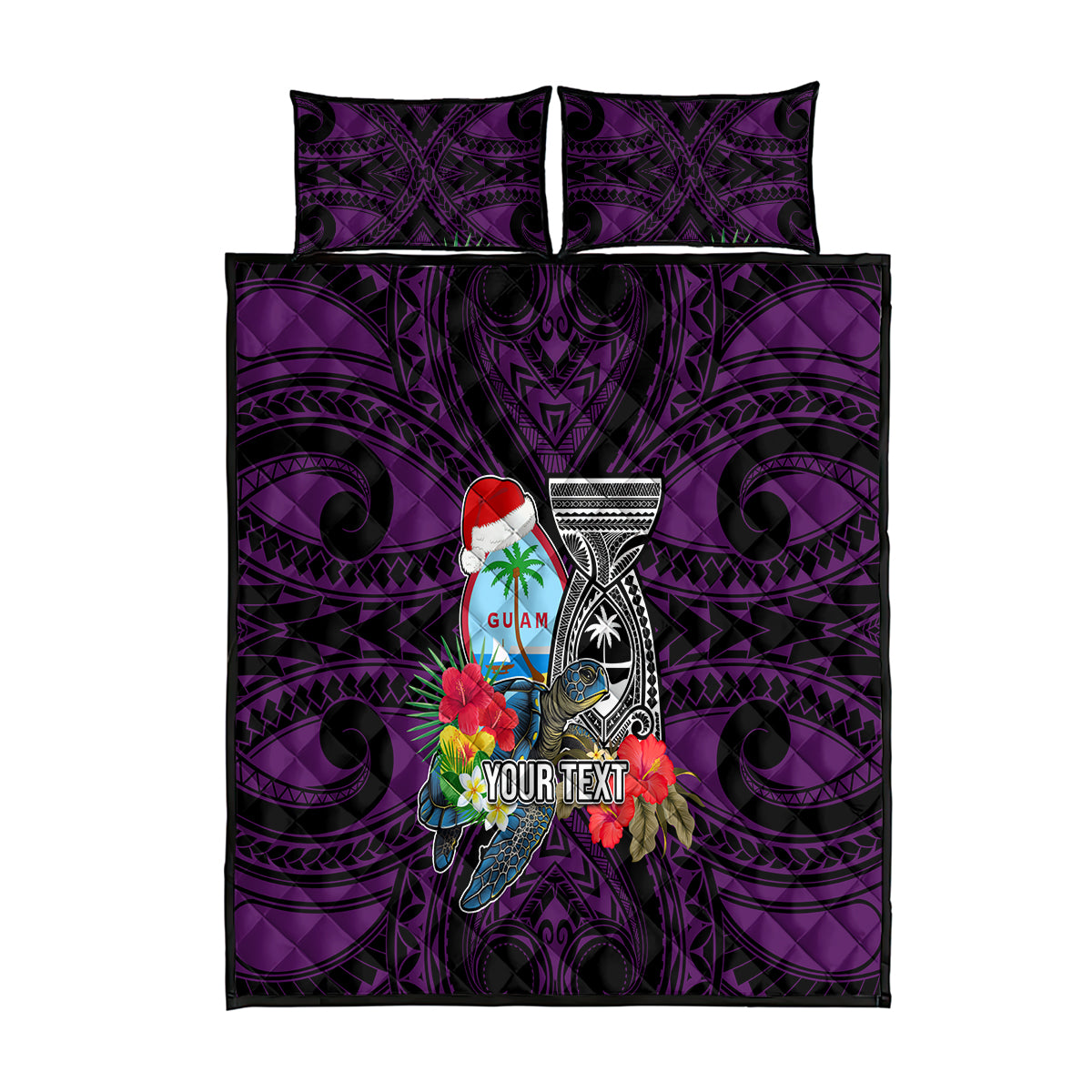 Custom Guam Christmas Quilt Bed Set Santa Gift Latte Stone and Sea Turle Mix Hibiscus Chamorro Pink Style LT03