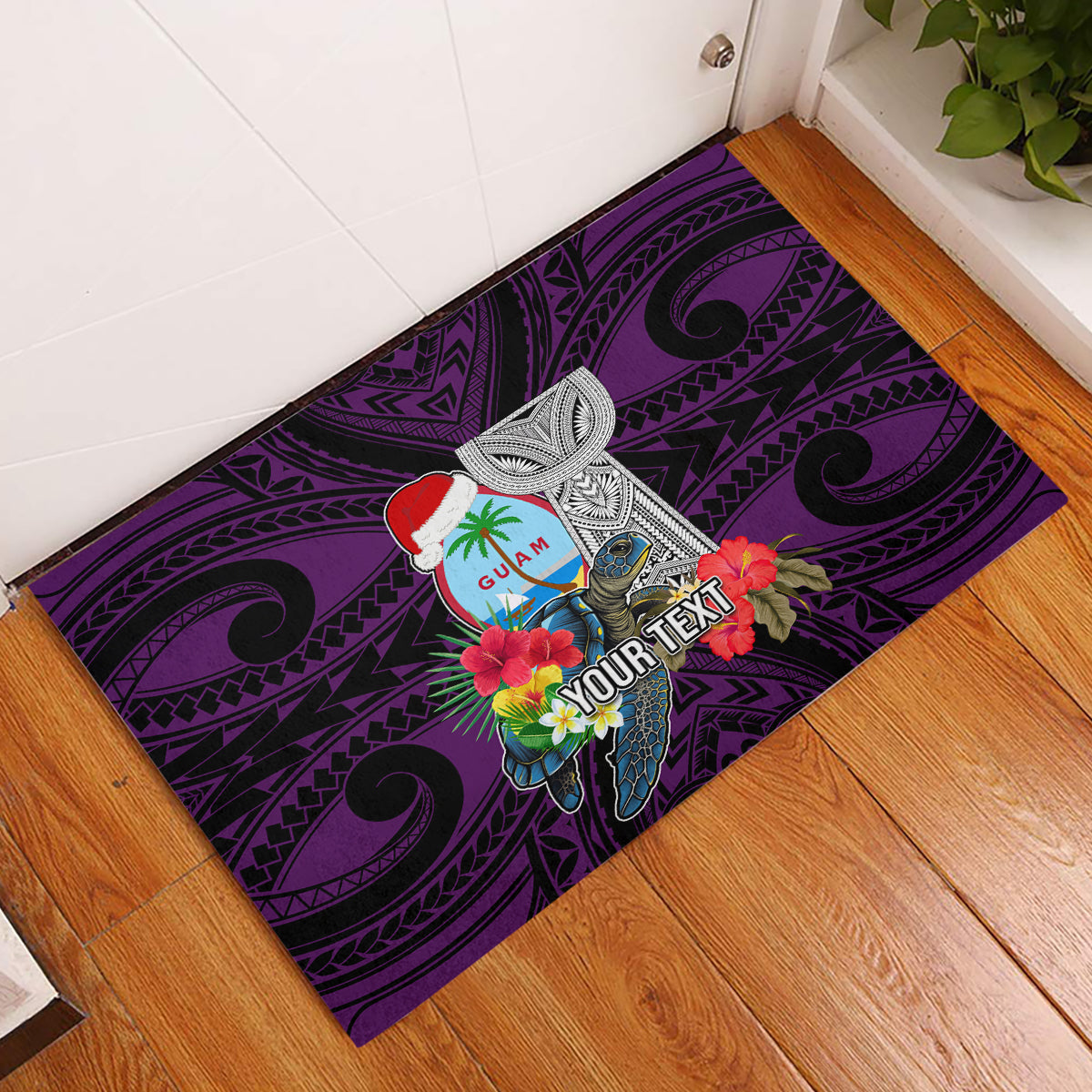 Custom Guam Christmas Rubber Doormat Santa Gift Latte Stone and Sea Turle Mix Hibiscus Chamorro Pink Style LT03
