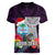 Custom Guam Christmas Women V Neck T Shirt Santa Gift Latte Stone and Sea Turle Mix Hibiscus Chamorro Pink Style LT03