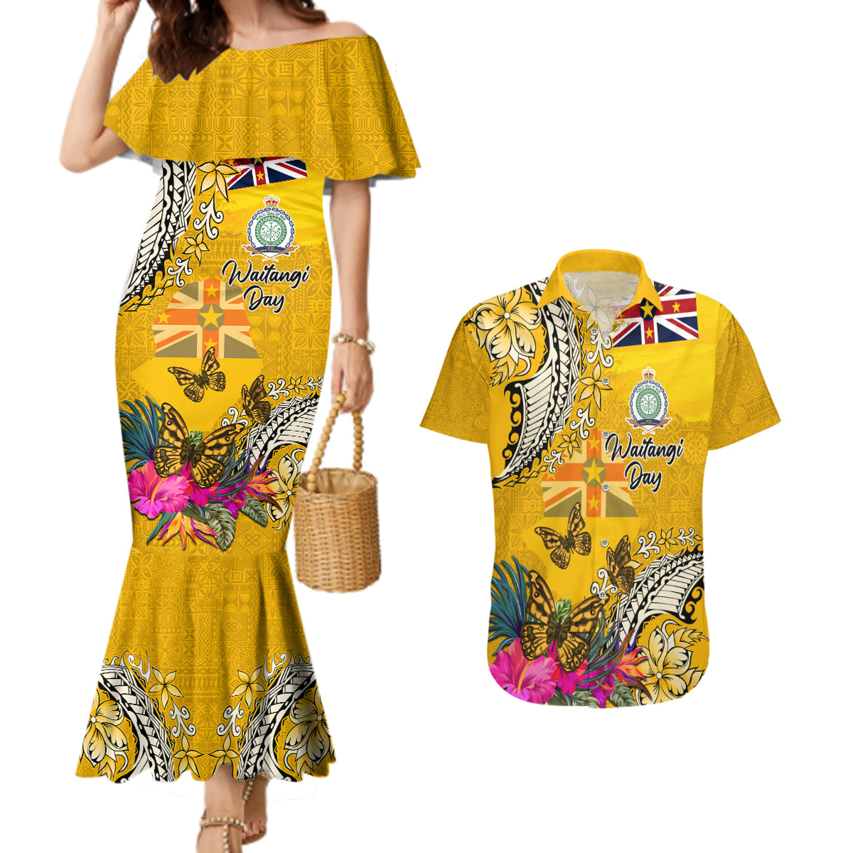 Niue Waitangi Couples Matching Mermaid Dress and Hawaiian Shirt Tropical Flower Tapa Pattern LT03 Yellow - Polynesian Pride