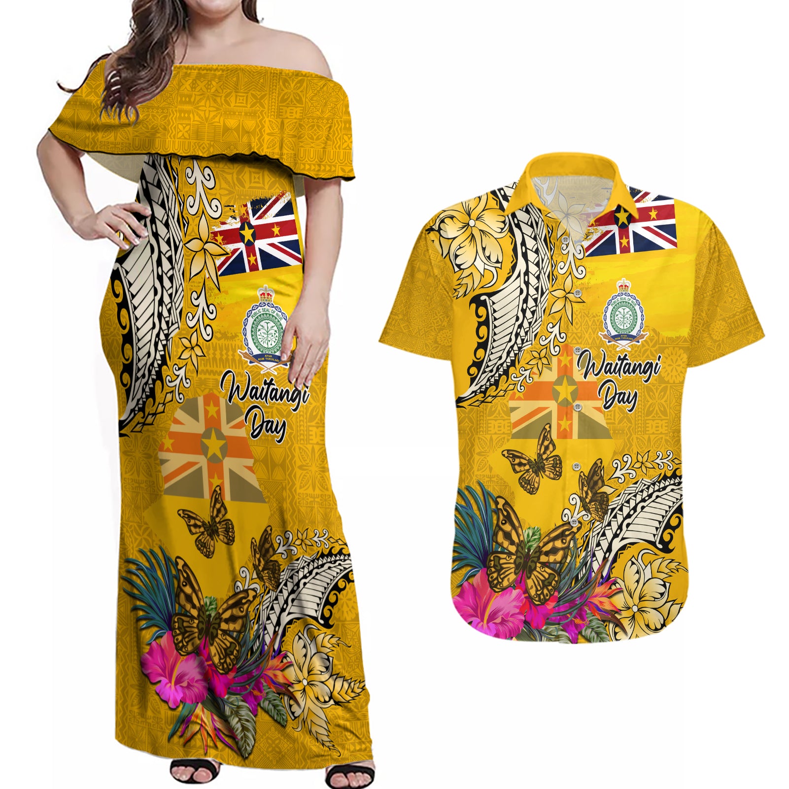 Niue Waitangi Couples Matching Off Shoulder Maxi Dress and Hawaiian Shirt Tropical Flower Tapa Pattern LT03 Yellow - Polynesian Pride