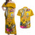 Niue Waitangi Couples Matching Off Shoulder Maxi Dress and Hawaiian Shirt Tropical Flower Tapa Pattern LT03 Yellow - Polynesian Pride