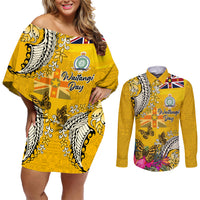 Niue Waitangi Couples Matching Off Shoulder Short Dress and Long Sleeve Button Shirt Tropical Flower Tapa Pattern LT03 Yellow - Polynesian Pride