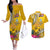 Niue Waitangi Couples Matching Off The Shoulder Long Sleeve Dress and Hawaiian Shirt Tropical Flower Tapa Pattern LT03 Yellow - Polynesian Pride