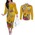Niue Waitangi Couples Matching Off The Shoulder Long Sleeve Dress and Long Sleeve Button Shirt Tropical Flower Tapa Pattern LT03 Yellow - Polynesian Pride