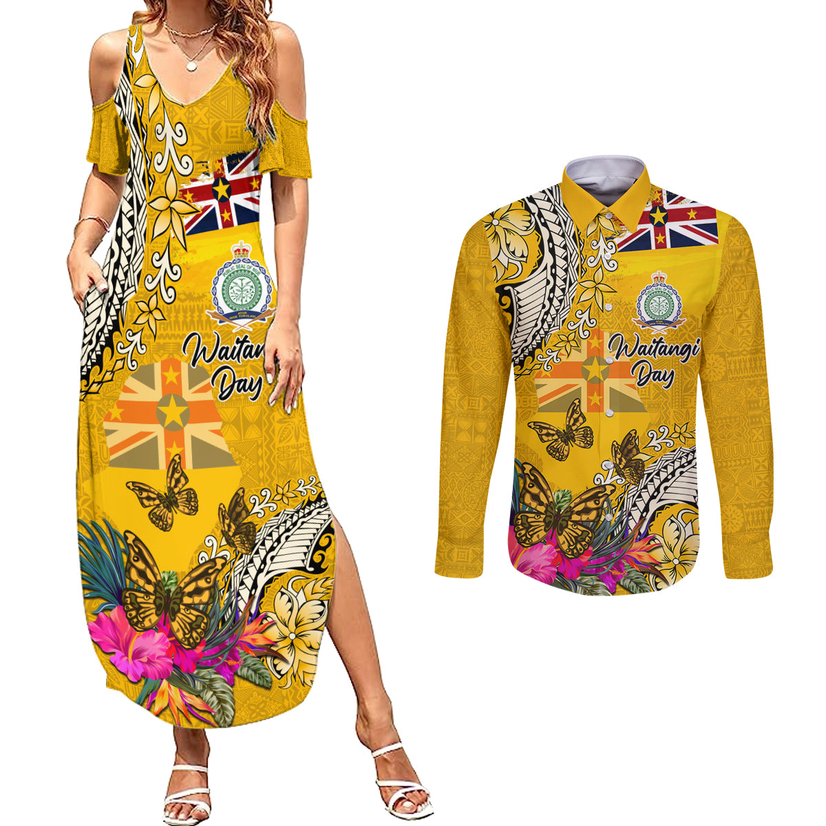 Niue Waitangi Couples Matching Summer Maxi Dress and Long Sleeve Button Shirt Tropical Flower Tapa Pattern LT03 Yellow - Polynesian Pride