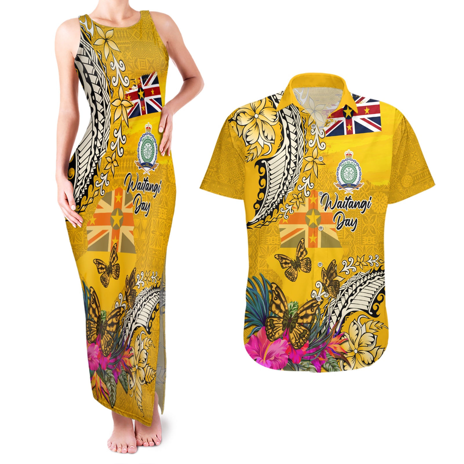 Niue Waitangi Couples Matching Tank Maxi Dress and Hawaiian Shirt Tropical Flower Tapa Pattern LT03 Yellow - Polynesian Pride